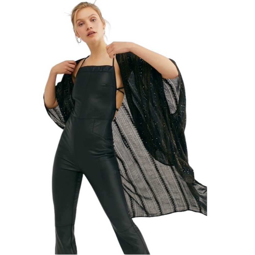 Free People Black Gold Day Dream Sequin Kimono Duster Size OS Boho Sparkle
